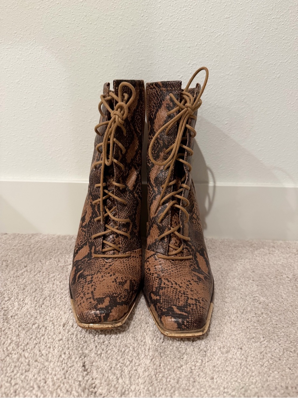 Steve Madden Women's Brown Snake-Print Lace-Up Ankle Boots with gold toe tips